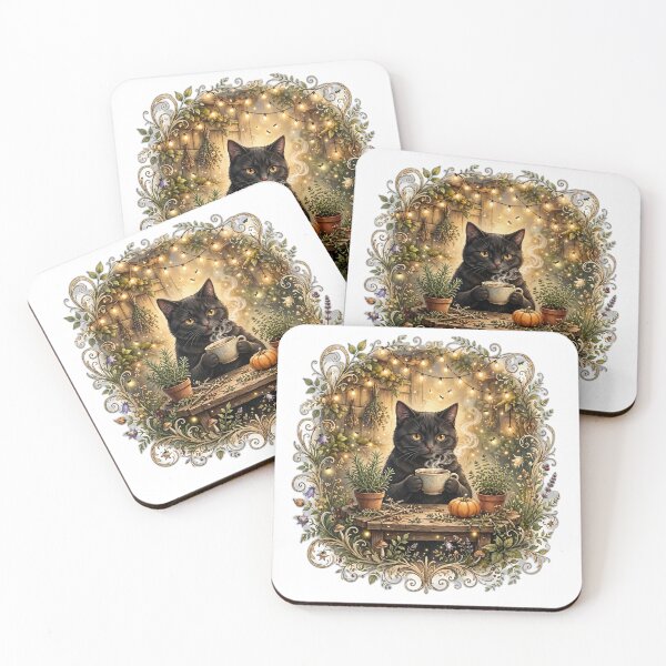 Item preview, Black Cat Tea Time | Cozy Witchy Cottagecore Cat with Fairy Lights designed and sold by HexAndHearth.