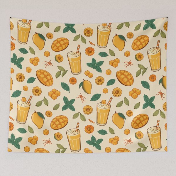 Item preview, Mango Lassi Food Pattern | Retro Mango Drinks with Cardamom, Saffron, Mint and Marigold Flowers designed and sold by StickyGuys.