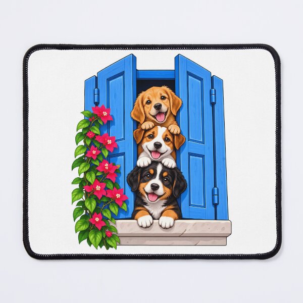 Item preview, Three Cute Puppies in Blue Window with Pink Flowers designed and sold by ArtSpark Studio.
