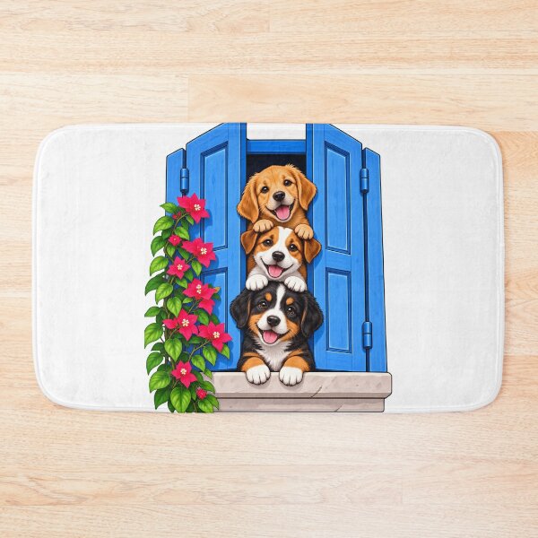 Item preview, Three Cute Puppies in Blue Window with Pink Flowers designed and sold by ArtSpark Studio.