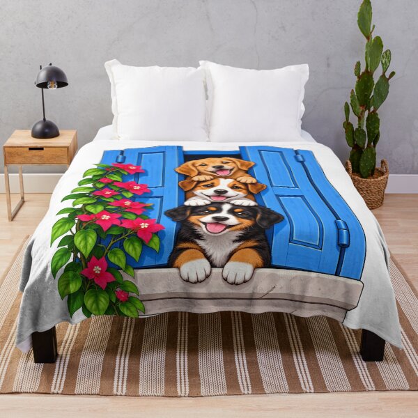 Item preview, Three Cute Puppies in Blue Window with Pink Flowers designed and sold by ArtSpark Studio.