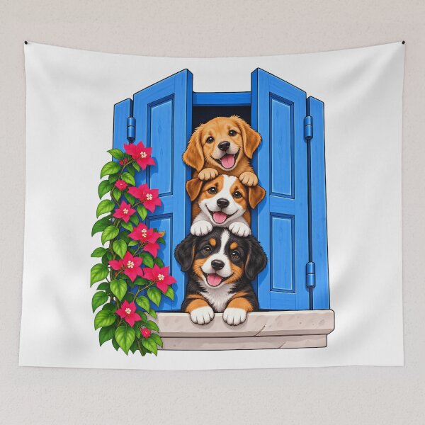 Item preview, Three Cute Puppies in Blue Window with Pink Flowers designed and sold by ArtSpark Studio.