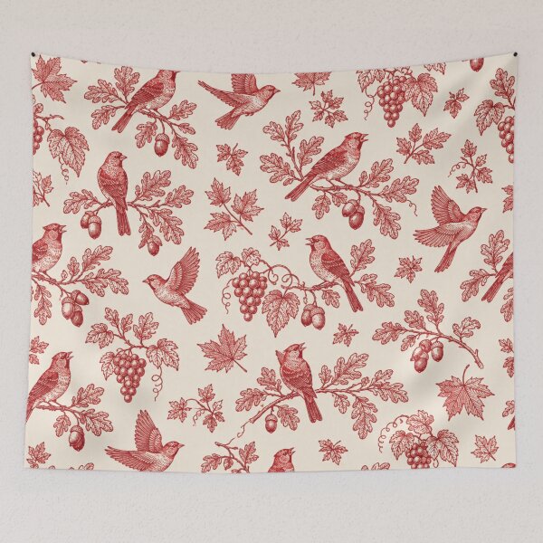 Item preview, Scarlet Tanager Toile Pattern | Red Toile de Jouy with Songbirds, Oak Branches, Acorns and Grapes designed and sold by StickyGuys.