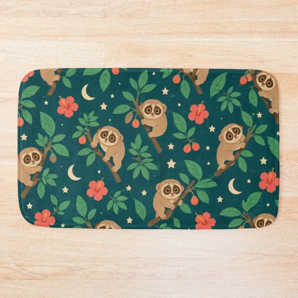 Item preview, Slow Loris Night Jungle Pattern | Cute Lorises with Big Eyes, Hibiscus, Moons and Stars on Teal designed and sold by StickyGuys.