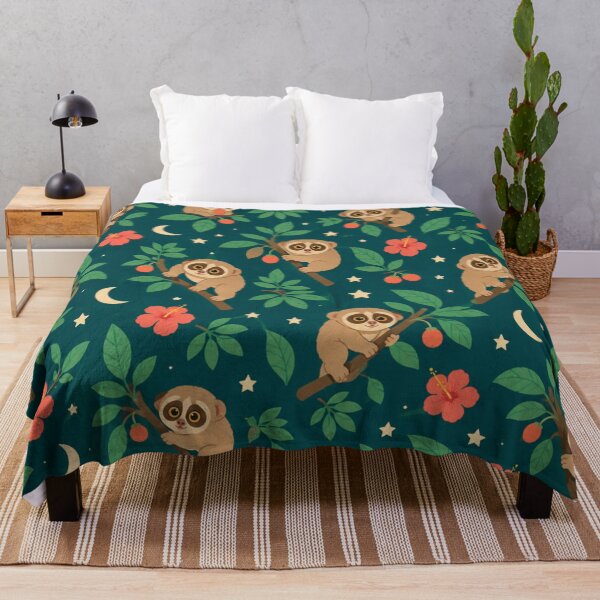 Item preview, Slow Loris Night Jungle Pattern | Cute Lorises with Big Eyes, Hibiscus, Moons and Stars on Teal designed and sold by StickyGuys.