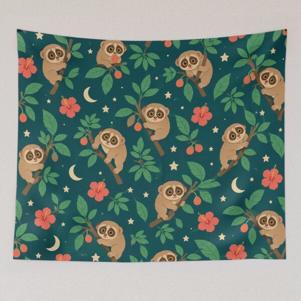 Item preview, Slow Loris Night Jungle Pattern | Cute Lorises with Big Eyes, Hibiscus, Moons and Stars on Teal designed and sold by StickyGuys.