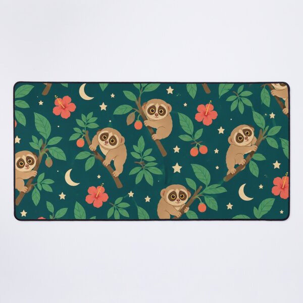 Item preview, Slow Loris Night Jungle Pattern | Cute Lorises with Big Eyes, Hibiscus, Moons and Stars on Teal designed and sold by StickyGuys.