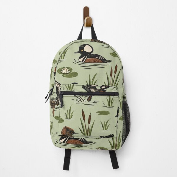 Item preview, Hooded Merganser Woodcut Pattern | Vintage Duck Print with Crested Drakes, Hens, Cattails and Lily Pads designed and sold by StickyGuys.