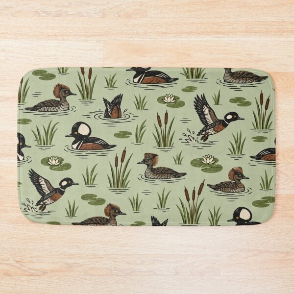 Item preview, Hooded Merganser Woodcut Pattern | Vintage Duck Print with Crested Drakes, Hens, Cattails and Lily Pads designed and sold by StickyGuys.