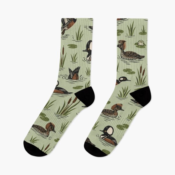Item preview, Hooded Merganser Woodcut Pattern | Vintage Duck Print with Crested Drakes, Hens, Cattails and Lily Pads designed and sold by StickyGuys.