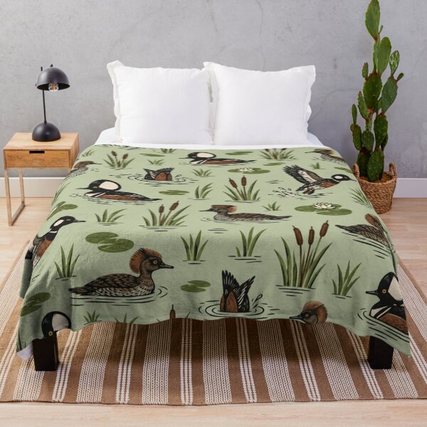Item preview, Hooded Merganser Woodcut Pattern | Vintage Duck Print with Crested Drakes, Hens, Cattails and Lily Pads designed and sold by StickyGuys.