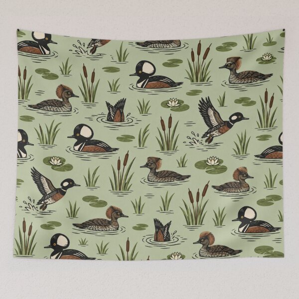Item preview, Hooded Merganser Woodcut Pattern | Vintage Duck Print with Crested Drakes, Hens, Cattails and Lily Pads designed and sold by StickyGuys.