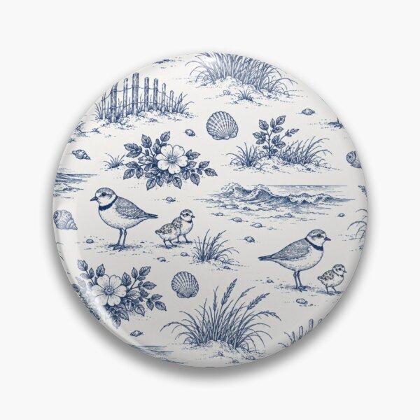 Item preview, Piping Plover Coastal Toile Pattern | Navy Toile de Jouy with Shorebirds, Dune Grass and Seashells designed and sold by StickyGuys.
