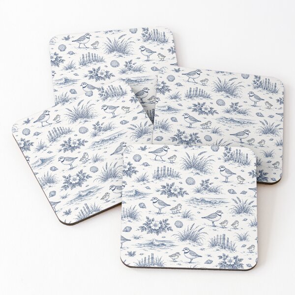 Item preview, Piping Plover Coastal Toile Pattern | Navy Toile de Jouy with Shorebirds, Dune Grass and Seashells designed and sold by StickyGuys.