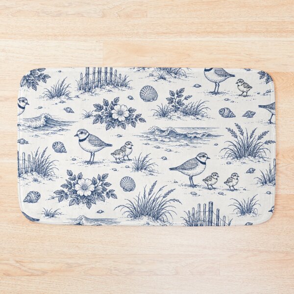 Item preview, Piping Plover Coastal Toile Pattern | Navy Toile de Jouy with Shorebirds, Dune Grass and Seashells designed and sold by StickyGuys.