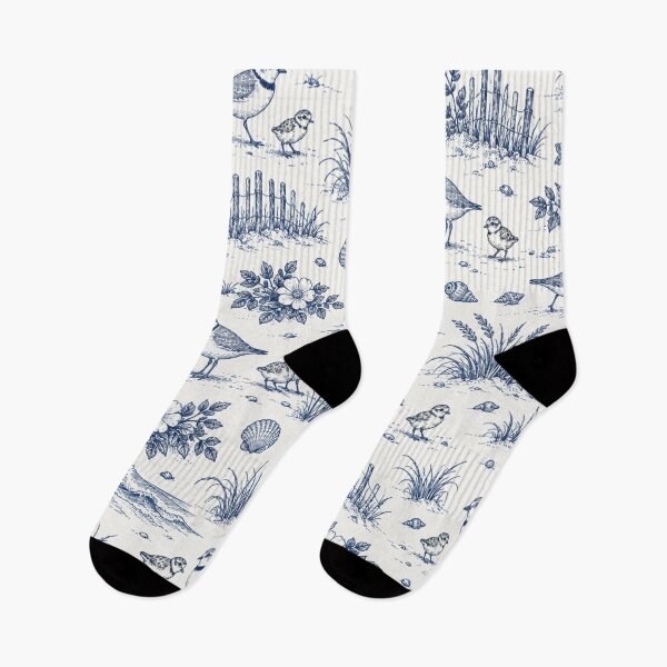 Item preview, Piping Plover Coastal Toile Pattern | Navy Toile de Jouy with Shorebirds, Dune Grass and Seashells designed and sold by StickyGuys.