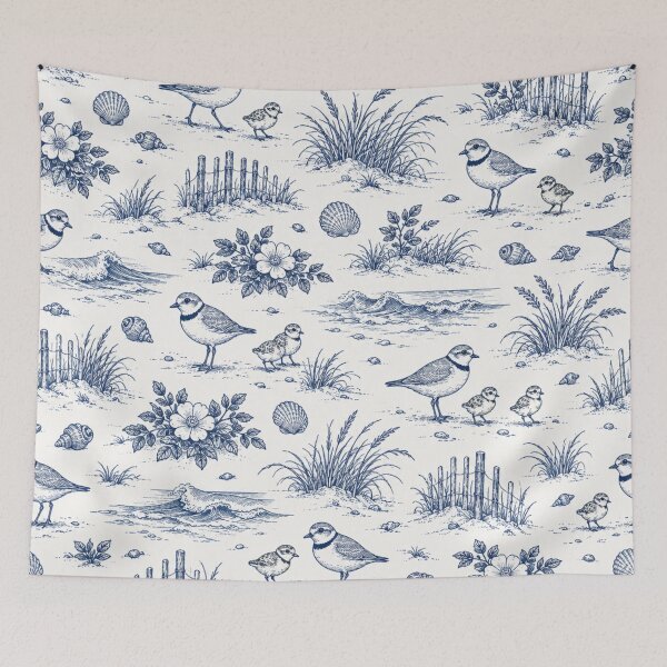 Item preview, Piping Plover Coastal Toile Pattern | Navy Toile de Jouy with Shorebirds, Dune Grass and Seashells designed and sold by StickyGuys.
