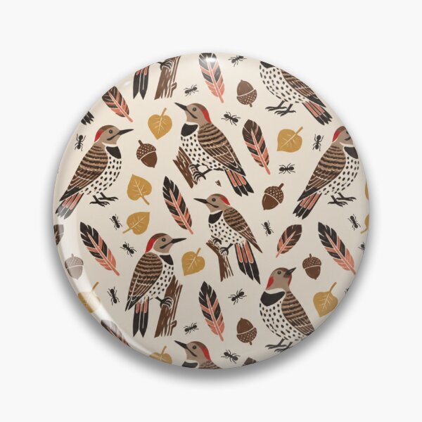 Item preview, Northern Flicker Linocut Pattern | Spotted Woodpeckers with Salmon Feathers, Aspen Leaves and Acorns designed and sold by StickyGuys.