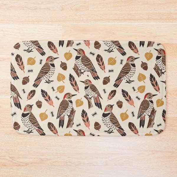 Item preview, Northern Flicker Linocut Pattern | Spotted Woodpeckers with Salmon Feathers, Aspen Leaves and Acorns designed and sold by StickyGuys.