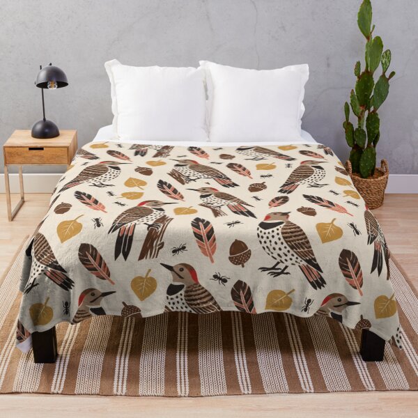 Item preview, Northern Flicker Linocut Pattern | Spotted Woodpeckers with Salmon Feathers, Aspen Leaves and Acorns designed and sold by StickyGuys.