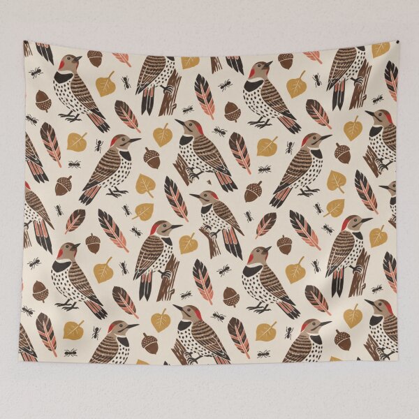 Item preview, Northern Flicker Linocut Pattern | Spotted Woodpeckers with Salmon Feathers, Aspen Leaves and Acorns designed and sold by StickyGuys.