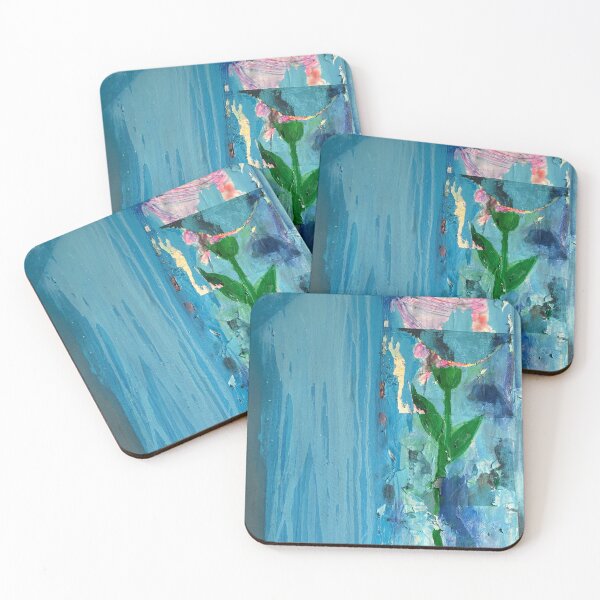 Item preview, Fragmented Pink Flower Collage on Turquoise Blue Background designed and sold by Gela Mikava.