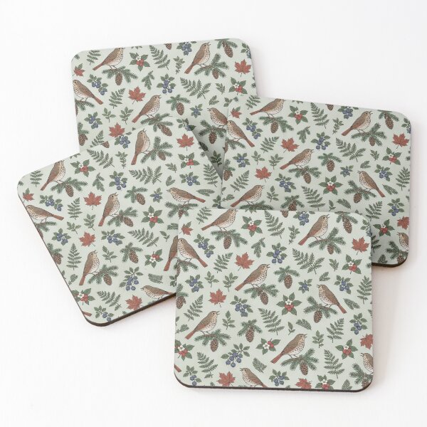 Item preview, Hermit Thrush Botanical Pattern | Vintage Songbirds on Spruce with Ferns, Blueberries and Pine Cones designed and sold by StickyGuys.