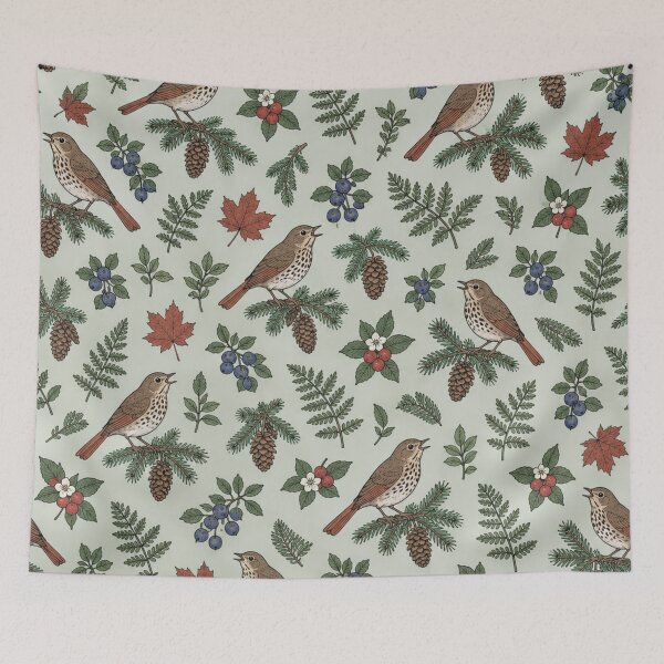 Item preview, Hermit Thrush Botanical Pattern | Vintage Songbirds on Spruce with Ferns, Blueberries and Pine Cones designed and sold by StickyGuys.