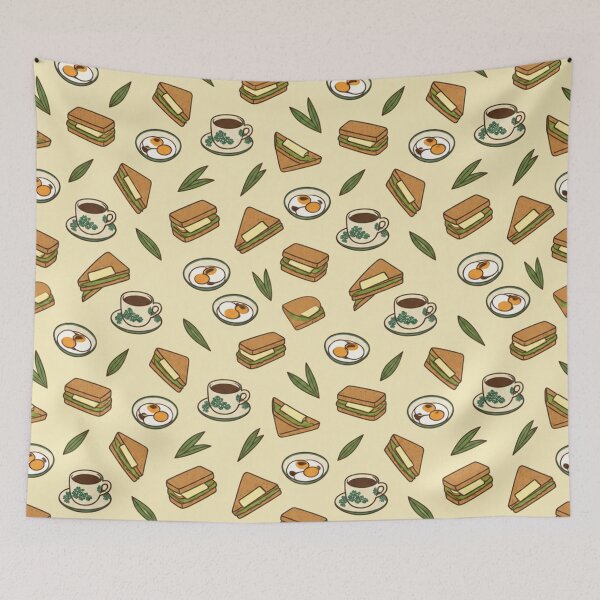 Item preview, Kaya Toast Singapore Breakfast Pattern | Pandan Kaya Toast, Soft Boiled Eggs and Kopi Cups designed and sold by StickyGuys.