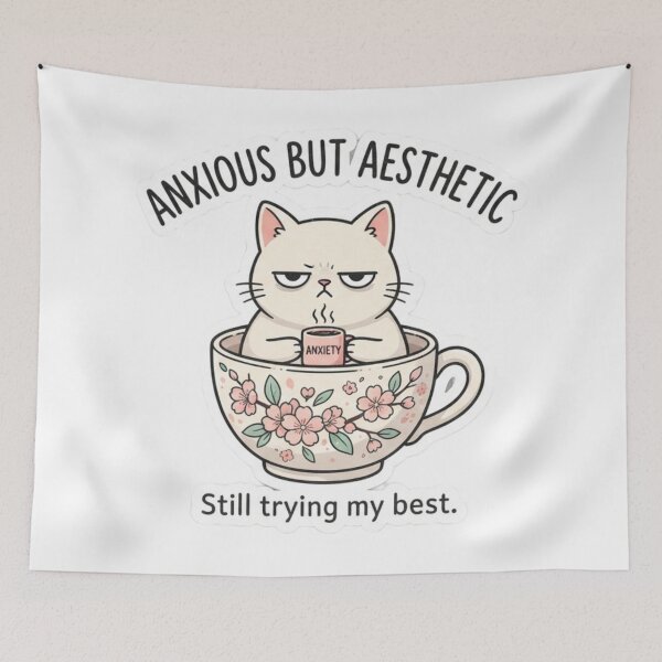 Item preview, Anxious But Aesthetic Cute Moody Cat Coffee Sticker designed and sold by Mandatory.