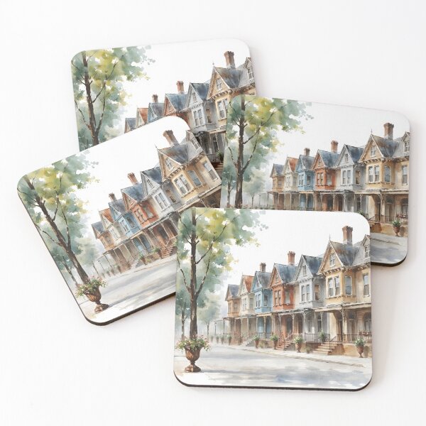 Item preview, A Quiet Street with Victorian Townhouses in Watercolor designed and sold by tambanow.