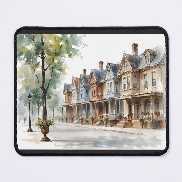 Item preview, A Quiet Street with Victorian Townhouses in Watercolor designed and sold by tambanow.