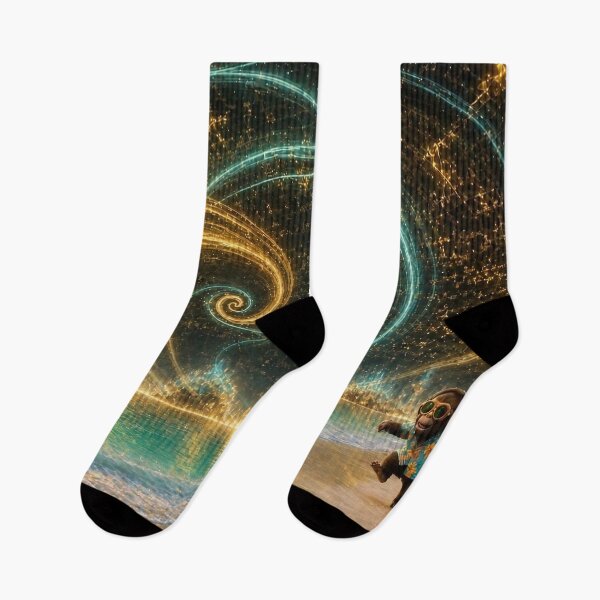 Item preview, Radiant Shore - DJ Seldon Dancing Beneath a Glowing Golden Spiral on a Turquoise Beach designed and sold by KGOart.
