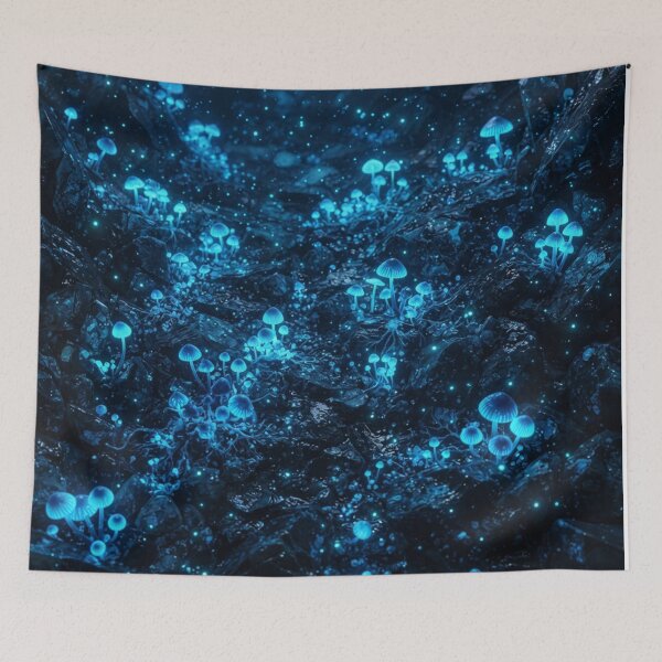 Item preview, Luminous Bioluminescent Blue Mushrooms in Dark Cave designed and sold by Owcomm.