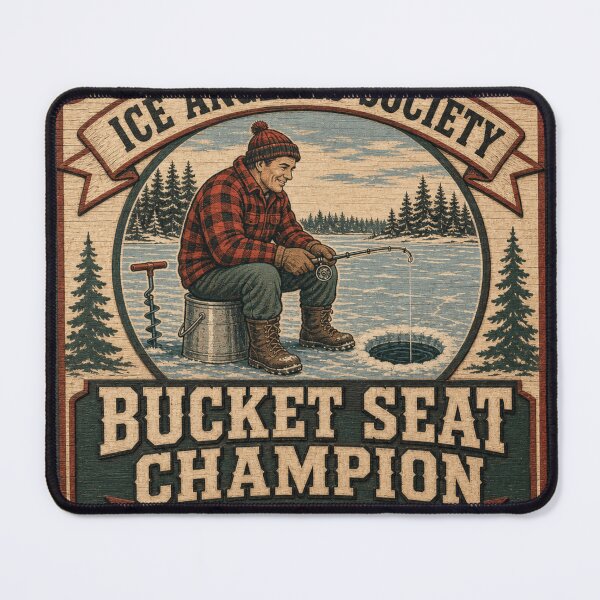 Item preview, Bucket Seat Champion Ice Fishing Humor Retro Lodge Emblem designed and sold by BoosterShop.