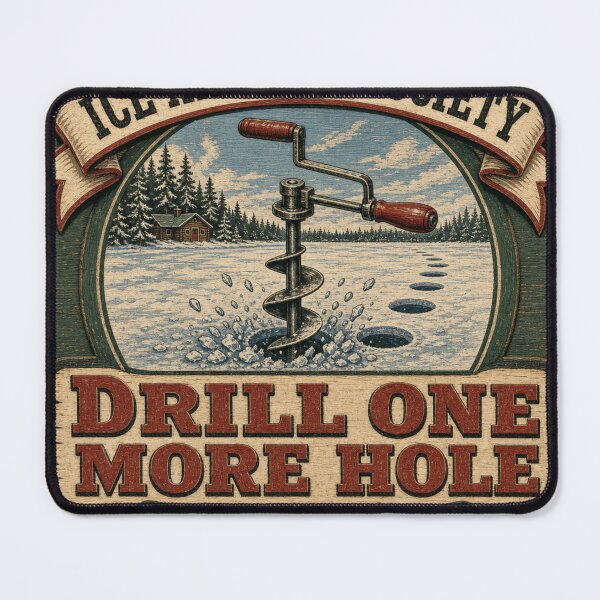 Item preview, Drill One More Hole Ice Auger Fishing Retro Club Badge designed and sold by BoosterShop.