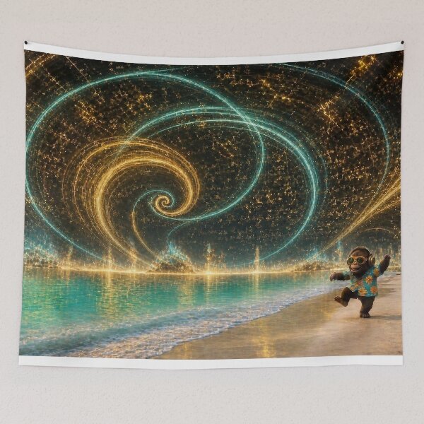 Item preview, Radiant Shore - DJ Seldon Dancing Beneath a Glowing Golden Spiral on a Turquoise Beach designed and sold by KGOart.