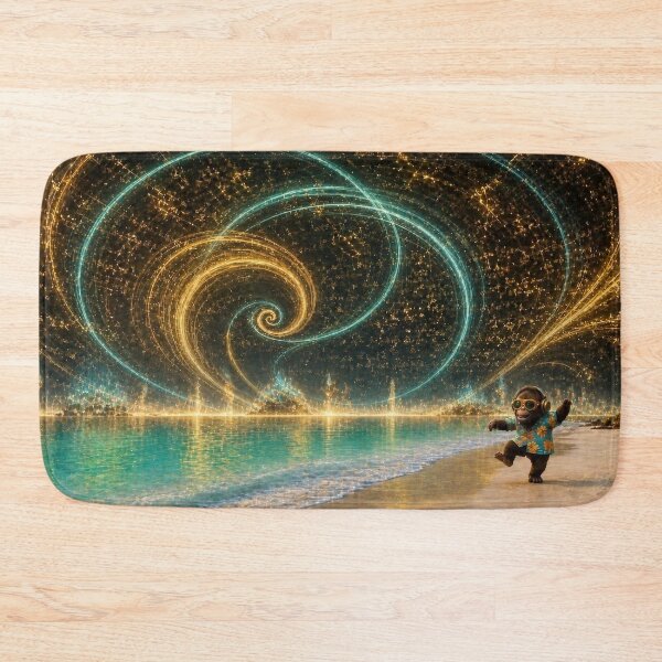 Item preview, Radiant Shore - DJ Seldon Dancing Beneath a Glowing Golden Spiral on a Turquoise Beach designed and sold by KGOart.