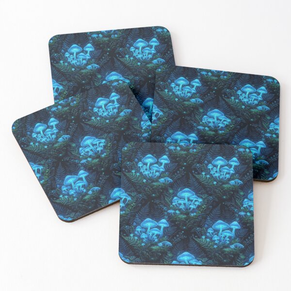 Item preview, Bioluminescent Blue Mushrooms In Dark Forest Ferns designed and sold by Owcomm.