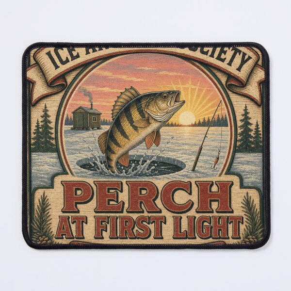 Item preview, Perch At First Light Perch Fishing Ice Angler Sunrise Emblem designed and sold by BoosterShop.