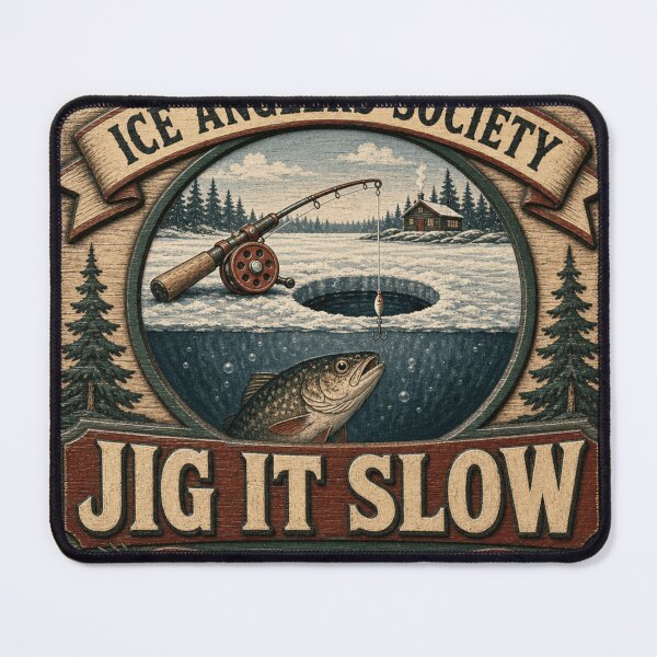 Item preview, Jig It Slow Jigging Ice Fishing Retro Lodge Emblem designed and sold by BoosterShop.