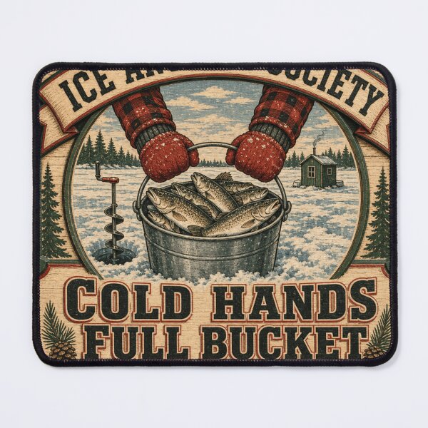 Item preview, Cold Hands Full Bucket Ice Fishing Gift Retro Lodge Emblem designed and sold by BoosterShop.