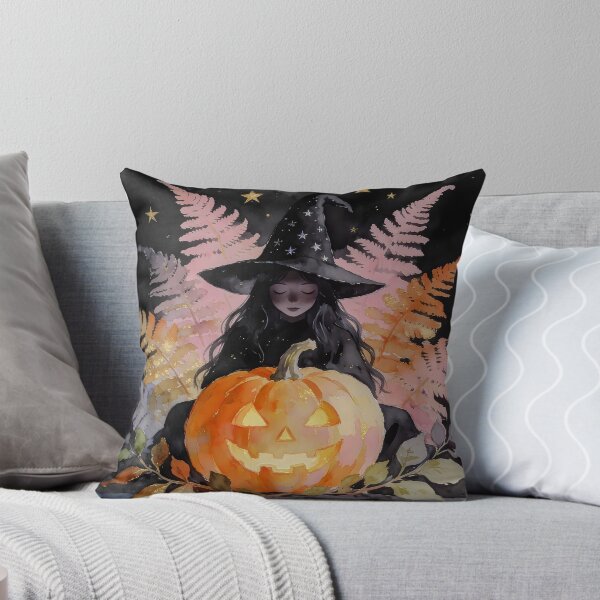 Item preview, Witch with Glowing Halloween Pumpkin Under Crescent Moon designed and sold by soulfulpalette.