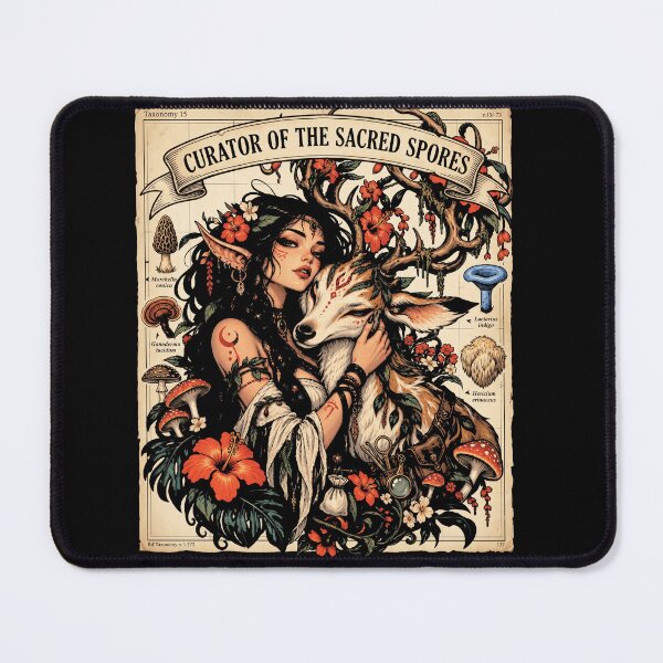 Item preview, Fantasy Mushroom Elf with Fox Spirit, Botanical Flowers and Vintage Taxonomy Illustration designed and sold by ArcaneArtistry.