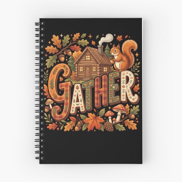 Item preview, Autumn Gather Typography with Rustic Log Cabin Squirrel Acorns and Fall Leaves designed and sold by ArcaneArtistry.