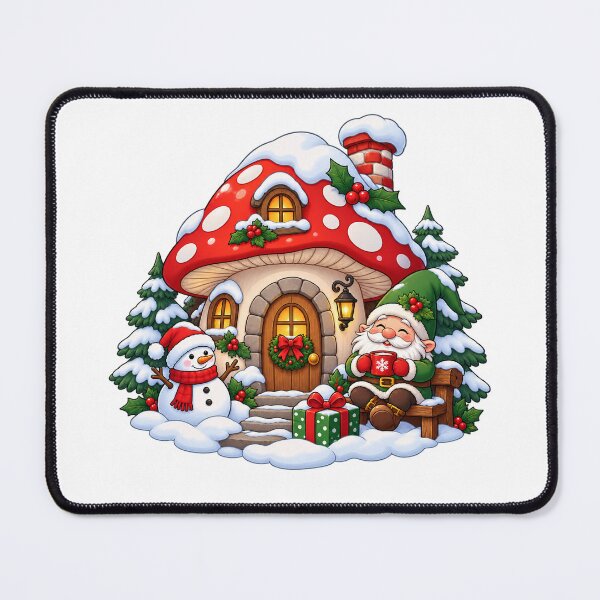 Item preview, Snowy Christmas Mushroom Cottage with Gnome and Snowman designed and sold by skyartdesign.