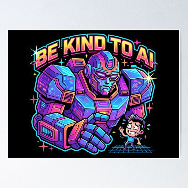 Item preview, Be Kind To AI Synthwave Mecha Robot Neon Tech Humor Graphic designed and sold by KiwiRider.