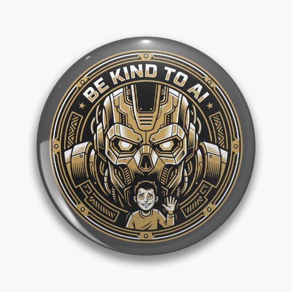 Item preview, Be Kind To AI Gold Vintage Mech Robot Emblem Tech Humor Graphic designed and sold by KiwiRider.