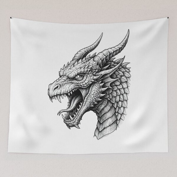 Item preview, Fierce Dragon Face Close-Up - Detailed Dotwork Ink Portrait designed and sold by DragonSerpent Ink.