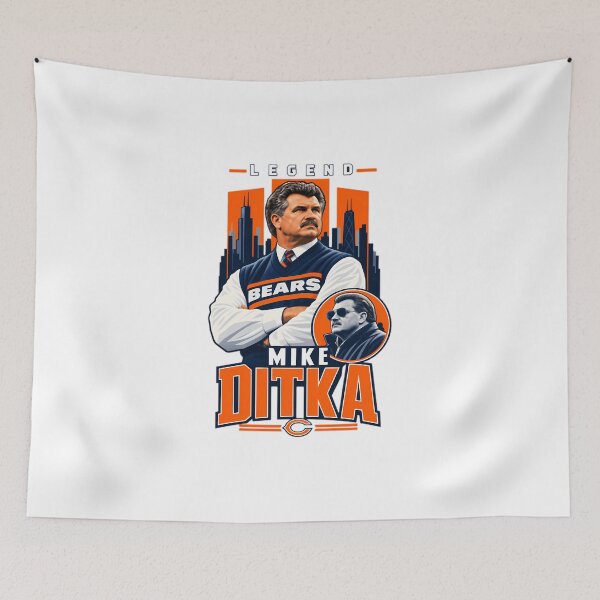 Aperçu de l'œuvre Portrait légendaire de Mike Ditka avec encart et panorama urbain créée et vendue par OrlandNienow.
